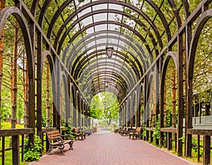 Panorama of a beautiful pergola in the landscape park Mezhyhirya near Kiev.