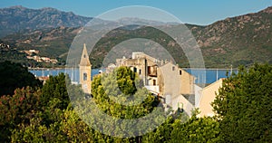 Panorama of beautiful Saint Florent town and harbour, Corsica