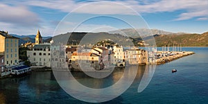 Panorama of beautiful Saint Florent town and harbour, Corsica photo