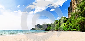 Panorama of beautiful sand Railay Beach in Krabi province. Ao Nang, Thailand