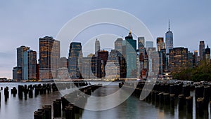 Panorama of beautiful sence of New York city with lower Manhattan in dusk evening. Downtown of lower Manhattan of Hudson river