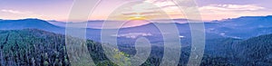 Panorama of beautiful sunset over mountains in Yarra Ranges National Park.