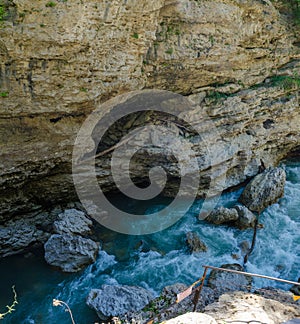 Panorama of beautiful White river in caucasian mountains in Adygea, Russia 23 Region Krasnodar