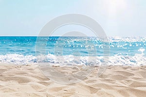 Panorama of a beautiful white sand beach and turquoise water in Maldives. Holiday summer beach background. Wave of the sea on the