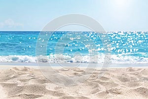 Panorama of a beautiful white sand beach and turquoise water in Maldives. Holiday summer beach background. Wave of the sea on the