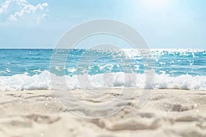 Panorama of a beautiful white sand beach and turquoise water in Maldives. Holiday summer beach background. Wave of the sea on the
