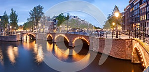 Panorama of beautifull Amsterdam canals with bridge, Holland