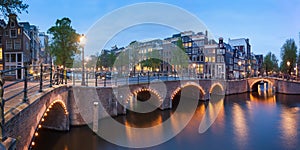 Panorama of beautifull Amsterdam canals with bridge, Holland