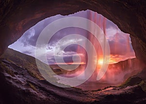 Panorama behind popular Seljalandsfoss waterfall on south Iceland