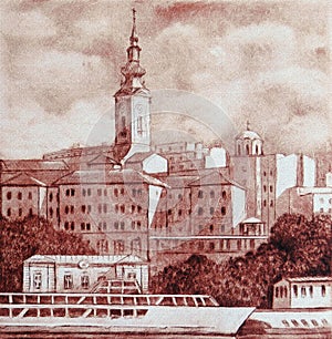 Panorama of Belgrade on the banks of the Sava River, overlooking the Cathedral and the old part of town. Artistic souvenir of
