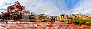 Panorama of Bell Rock and Cathedral Rock, famous red sandstone rocks between the Village of Oak Creek and Sedona