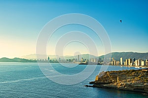 Panorama of Benidorm city from Mirador Calas Benidorm. Coast of Mediterranean sea, Benidorm skyscrapers, hotels and