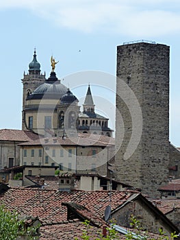 Panorama of Bergamo with ancient towers in Italy.