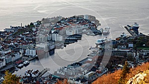 Panorama of Bergen harbour from Floyen viewpoint in Norway in autumn