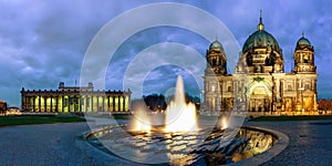 Panorama of the Berliner Dom and the Altes Museum in Berlin by night