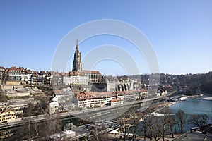 Panorama of Bern, capital city of Switzerland. View from the Kirchenfeld Bridge to the old town, Bern Minster and River Aare