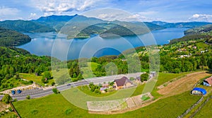 Panorama of Bicaz lake and Ceahlau mountain in Romania