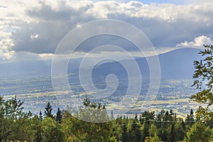 Panorama of Bielsko-Biala city from hiking trail in Beskid Maly, Poland