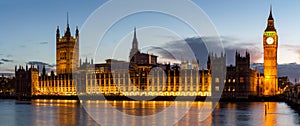 Panorama of Big Ben and House of Parliament at River Thames International Landmark of London England United Kingdom at Dusk