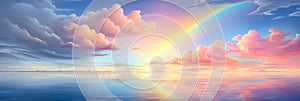 Panorama of a big summer field shined with the sun, with clouds and rainbow in the sky on background