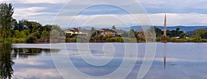 Panorama of birdwatching spot of Munson`s Pond in Kelowna, British Columbia, Canada in the Okanagan Valley on a beautiful summer