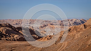 A panorama of the bizarre rock and salt formations of the Valle de la Luna, Valley of the Moon, in the Atacama Desert