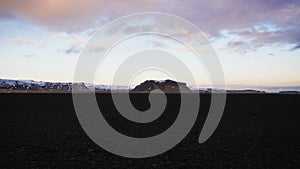 Panorama of black rock volcanic sand mountain landscape near Solheimasandur DC3 airplane wreck South Iceland Europe