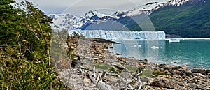 Panorama of blue ice of Perito Moreno Glacier in Glaciers national park in Patagonia Argentina