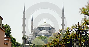 panorama of blue mosque in istanbul with lens tilt-lens effect