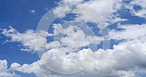 Panorama blue sky clouds pattern on daylight with copy space. Cumulus cloudscape air climate sunny day. Blue sky fluffy white