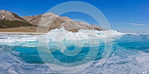 Panorama blue water of Lake Baikal hummocks