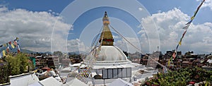 Panorama of Boudhanath Stupa and its surroundings, located on an ancient trade route from Tibet to Kathmandu, Nepal