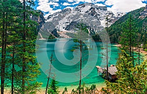 Panorama of Braies Lake in Dolomites mountains, Sudtirol, Italy. Beautiful Alpine lake Lago di Braies