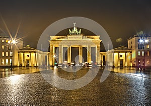 Panorama of the Brandenburg Gate in Berlin at night, Germany