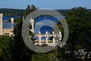 Panorama of Bridge Glienicker Bruecke and Castle Babelsberg at the River Havel in Autumn  Zehlendorf  Berlin  Potsdam