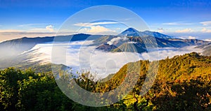 Panorama of Bromo volcano at sunrise, East Java, Indonesia