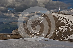 Panorama with the Bucegi Mountains plateau where you can see Costila Refuge and Te