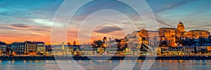 Panorama of Buda castle and the Danube river in Budapest at sunset Hungary