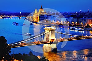 Panorama of Budapest, Hungary, with Danube river, Chain Bridge and the Parliament at blue hour