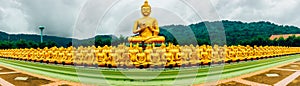 Panorama Buddha image of Lord buddha among the 1,250 monks, the symbol of Magha Puja day, Buddha Memorial park, Nakorn nayok