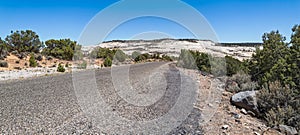 Panorama of Burr Trail Road as it curves through the sandstone hills of the Grand Staircase-Escalante National Monument, Utah, USA