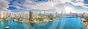 Panorama of Cairo downtown with the Tower and fashionable hotels in the harbour of the Nile, Egypt