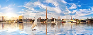 Panorama of Cairo, the Nile with sailboats and Gezira island view, Egypt