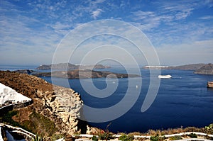 Panorama on the Caldera of the island of Santorini, to note the cities of fira and the Oia. Greece