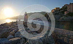 Panorama of Camogli, pier and lighthouse - Liguria - Italy