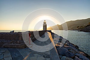 Panorama of Camogli, pier and lighthouse - Liguria - Italy