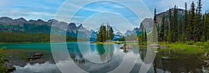 Panorama Canada forest landscape of Spirit Island with big mountain in the background, Alberta, Canada