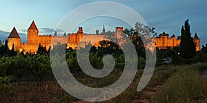 Panorama of Carcassonne at night in artificial ligthing