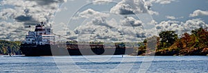 Panorama of a cargo ship passing an island in the St. Lawrence River
