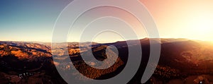 Panorama Carpathian Mountain summer sunrise drone photo